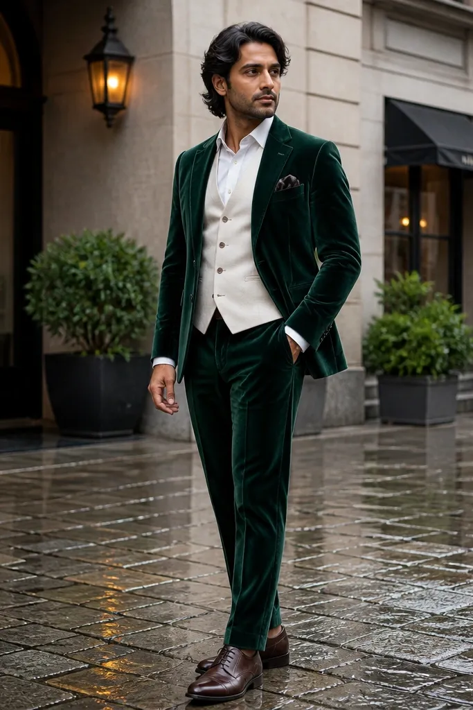 Forest green velvet suit with a white flannel waistcoat