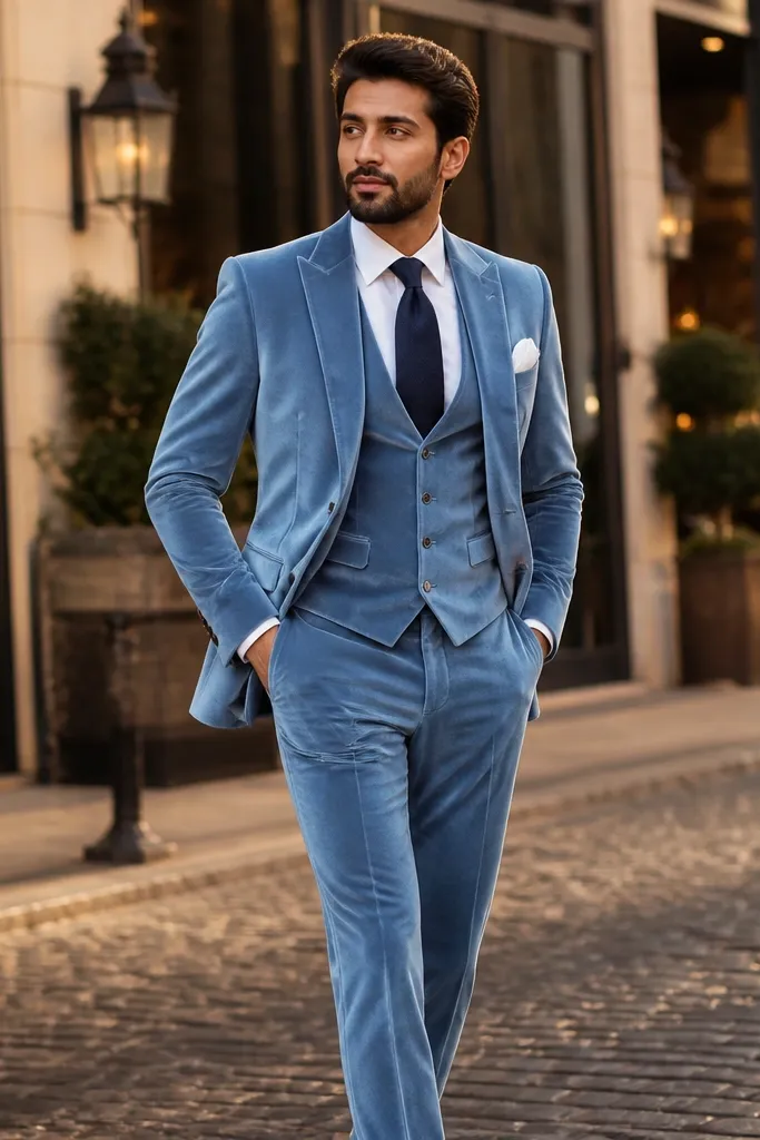 Powder blue velvet suit with a navy tie and matching pocket square