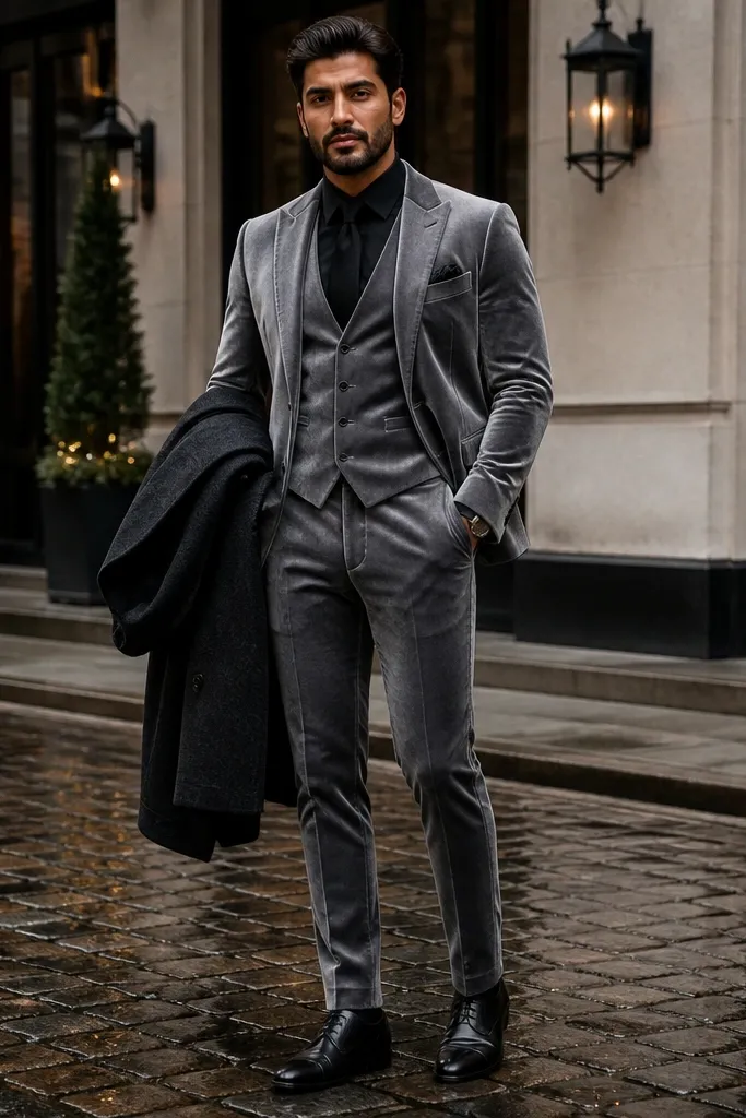 Silver-gray velvet suit with a black dress shirt and black leather shoes