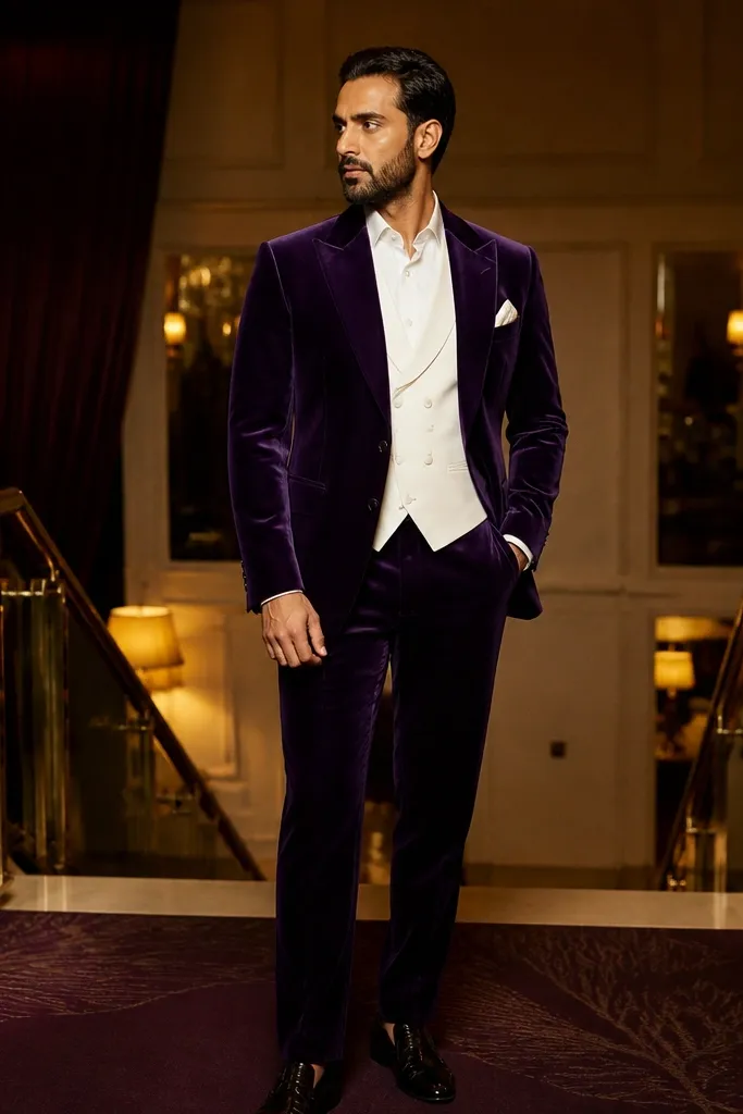 Royal purple velvet suit with a white waistcoat and white dress shirt