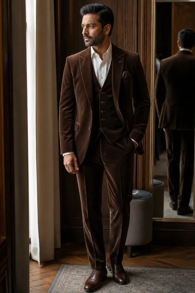 Brown velvet suit with an ecru shirt and dark brown leather shoes