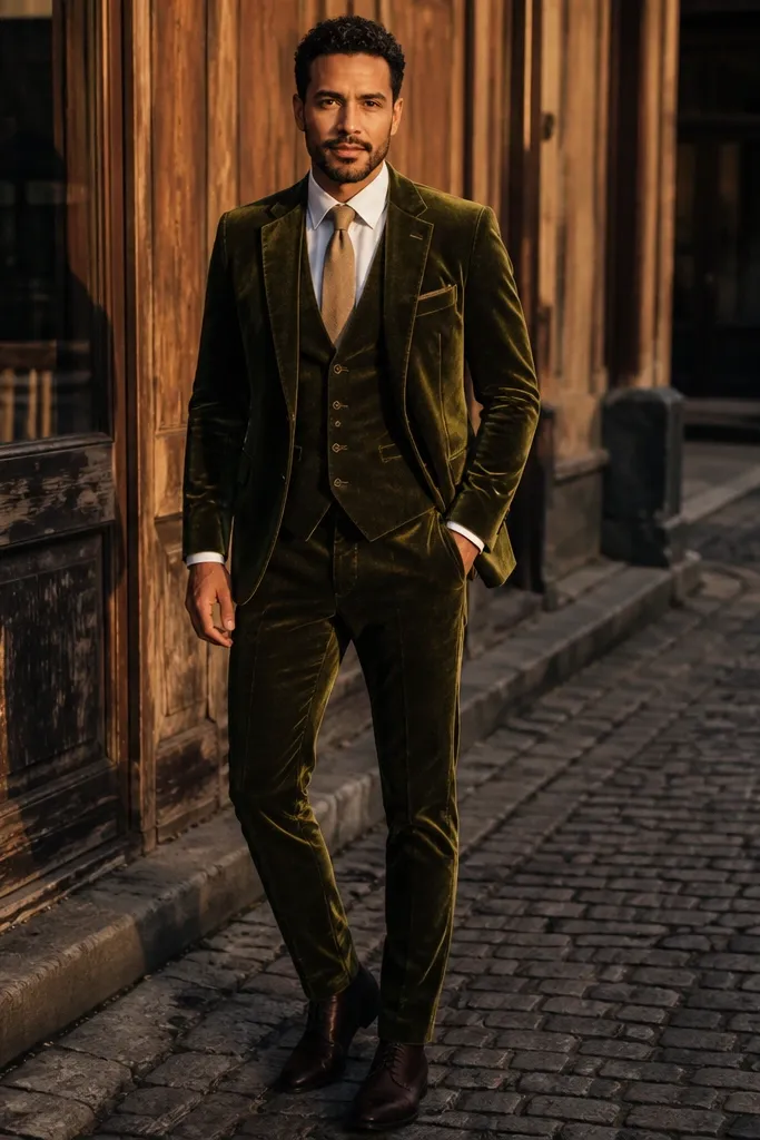 Olive velvet suit with a tan tie and tan leather shoes
