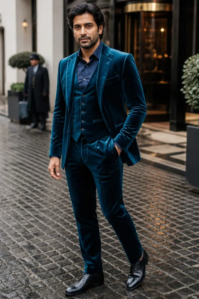 Teal velvet suit with a navy shirt and dark brown shoes