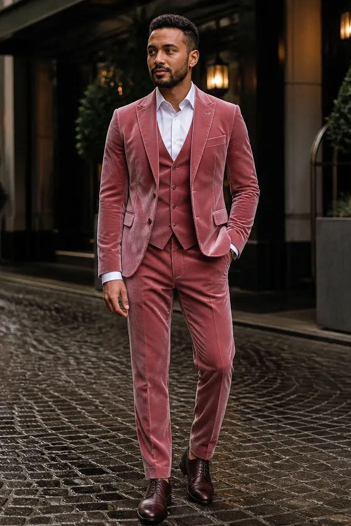 Dusty rose velvet suit with a white shirt and neutral leather shoes