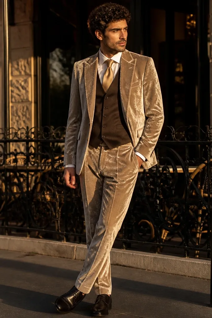 Champagne velvet suit with chocolate waistcoat and satin tie, white pocket square.