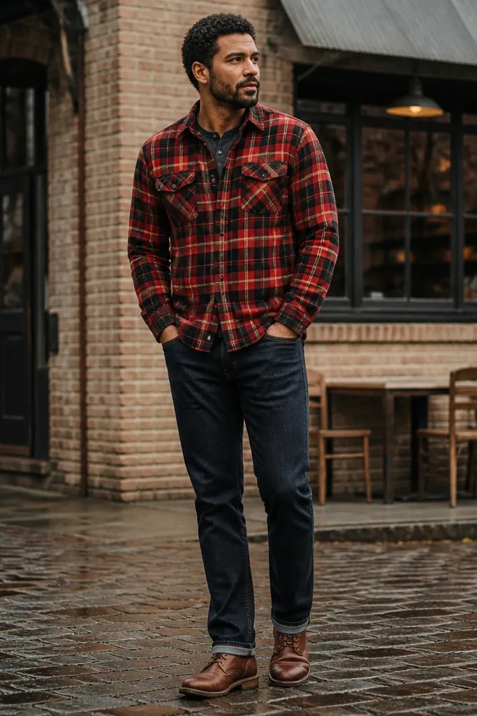 Red and black plaid flannel with dark straight jeans and brown leather boots