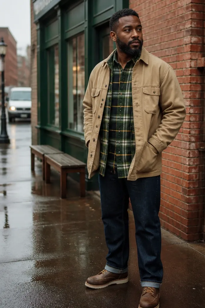 Green plaid flannel under a tan chore coat with indigo denim