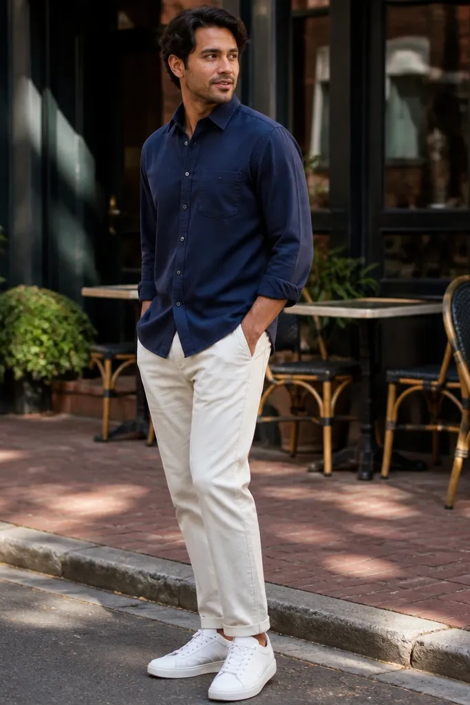 Navy flannel shirt with ecru chinos and clean white sneakers