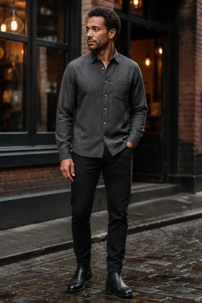 Charcoal flannel top with black jeans and matte chelsea boots