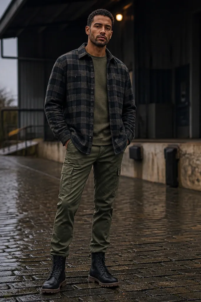 Plaid flannel worn over a thermal with olive cargo pants and lace-up boots