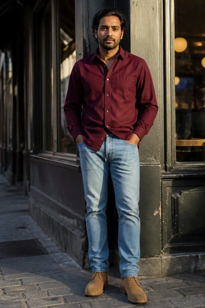 Burgundy solid flannel with light-wash jeans and tan suede desert boots