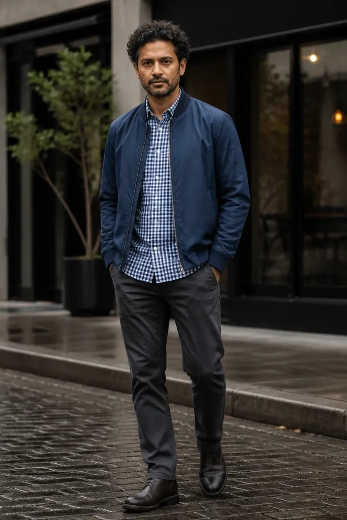 Blue and white check flannel with dark chinos and a navy bomber jacket