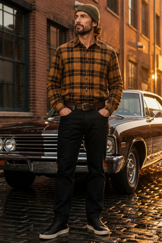 Mustard and black flannel with black jeans and an olive knit beanie