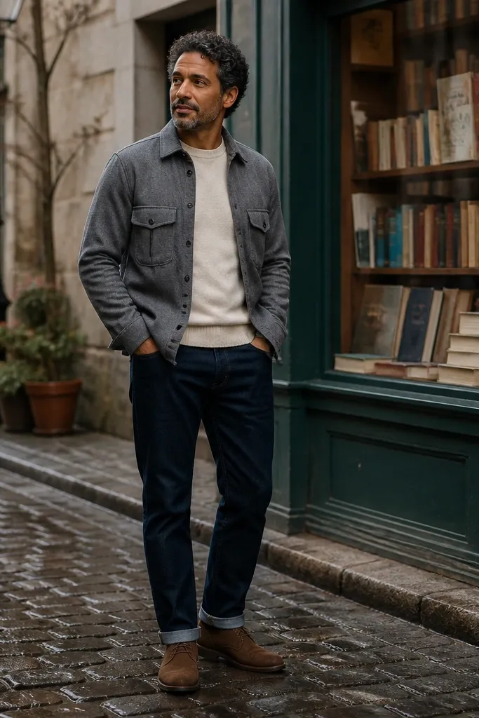 Grey flannel overshirt over an ecru sweater with navy jeans and brown chukka boots