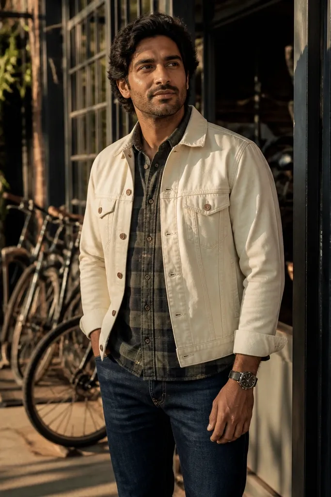 Green flannel under a cream denim jacket with dark jeans