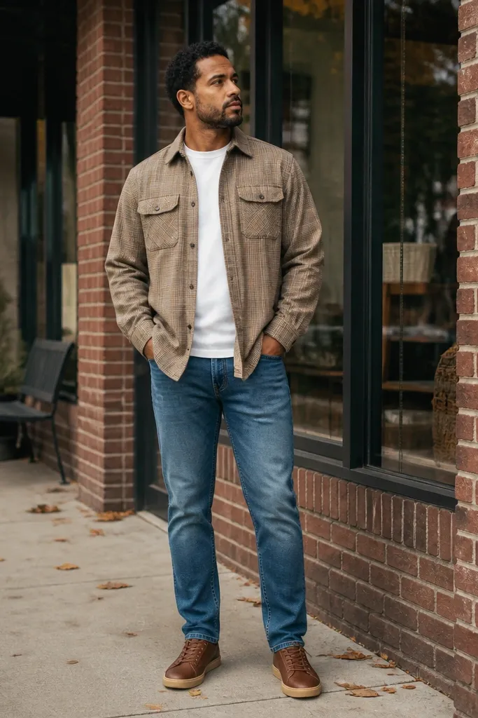 Tan flannel over a white tee with medium-wash denim and brown leather sneakers
