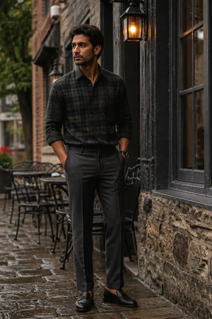 Black watch plaid flannel with dark gray slacks and leather loafers