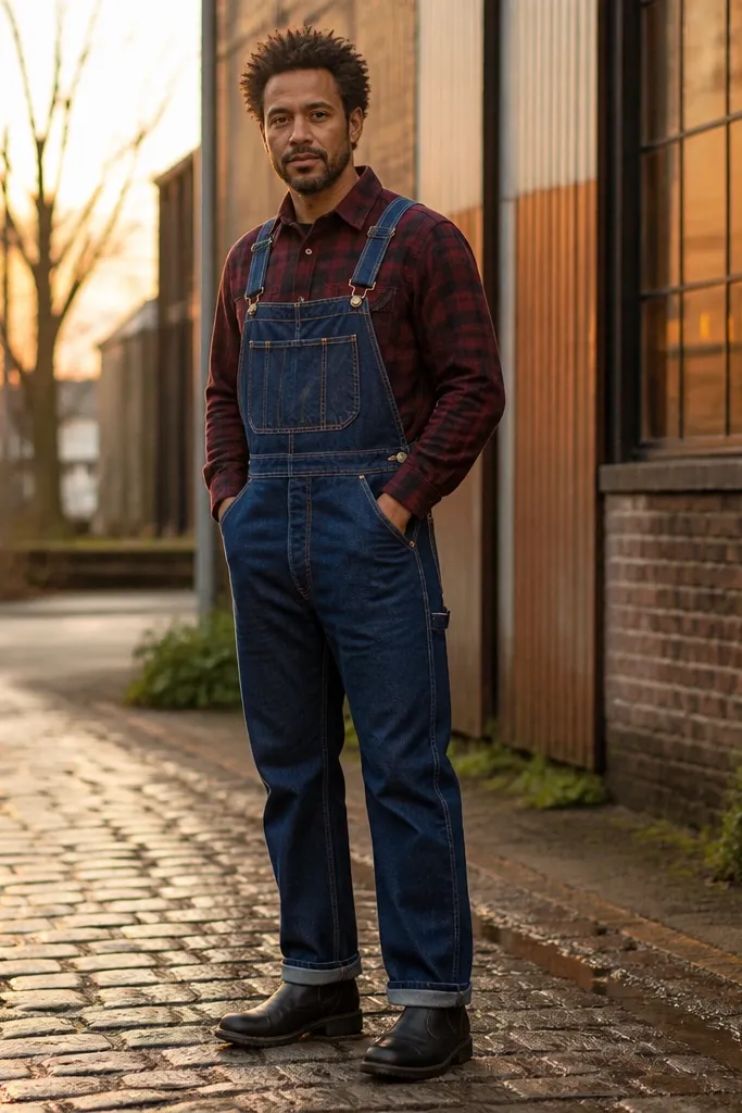 Burgundy flannel with indigo overalls and boots with cuffs