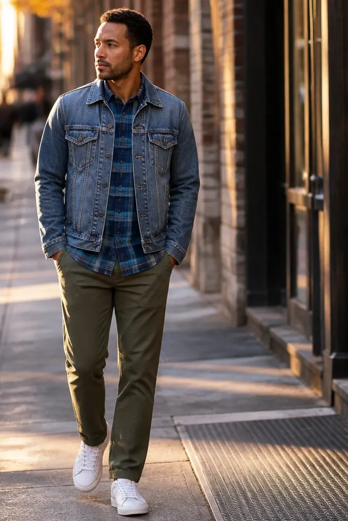 Blue plaid flannel under a denim jacket with olive chinos and white sneakers