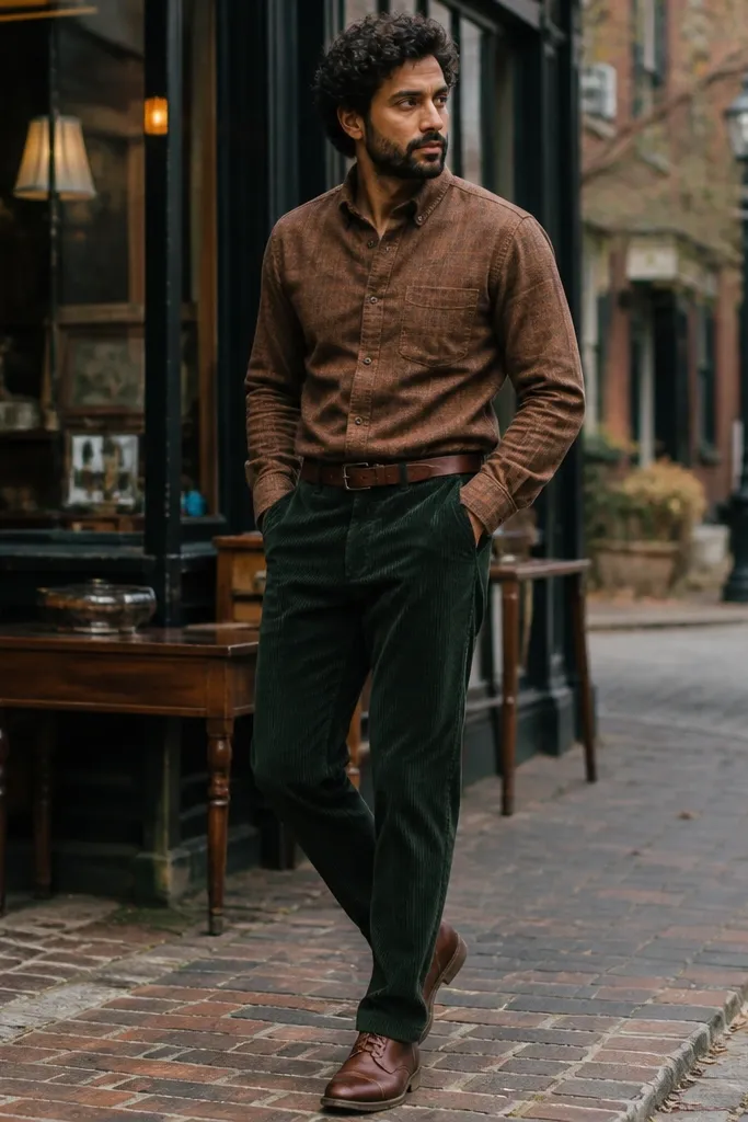 Tobacco flannel with dark green corduroy pants and brown leather boots