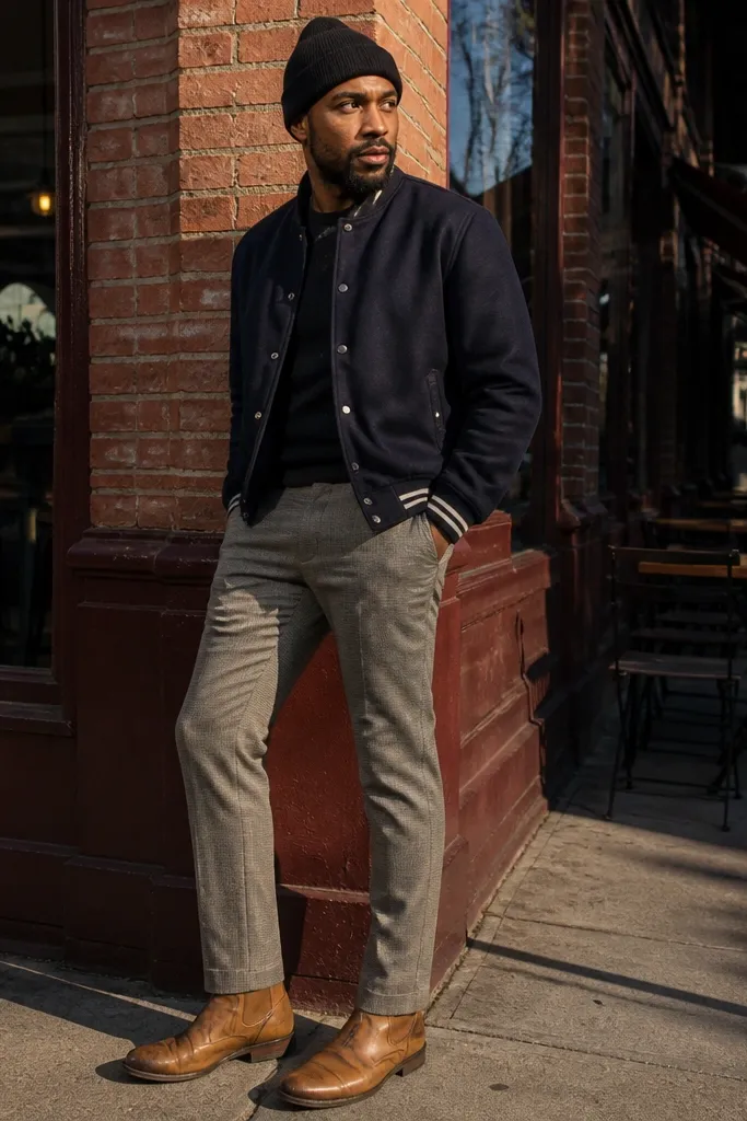 Light gray flannel with a navy varsity jacket, black beanie, and tan boots