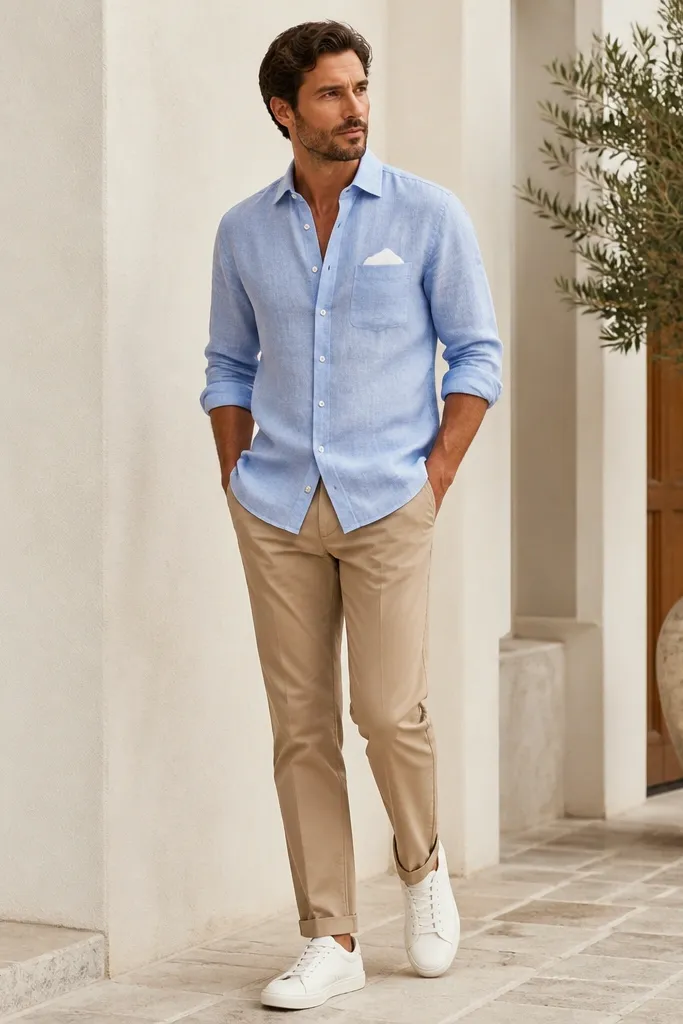 A light blue linen shirt with sleeves rolled to mid-forearm, worn with tan straight-leg chinos. The look includes a white pocket square peeking from the chest and white leather sneakers in the frame.
