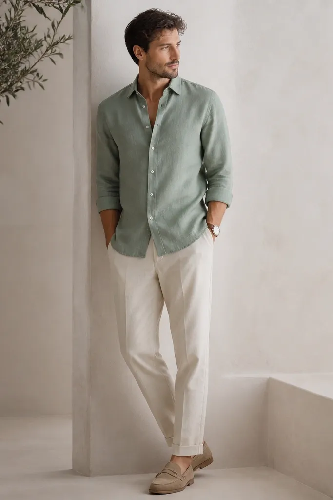 A sage green linen shirt buttoned to the second button, paired with stone-colored cotton trousers. The photo shows a watch with a tan strap and beige suede loafers.