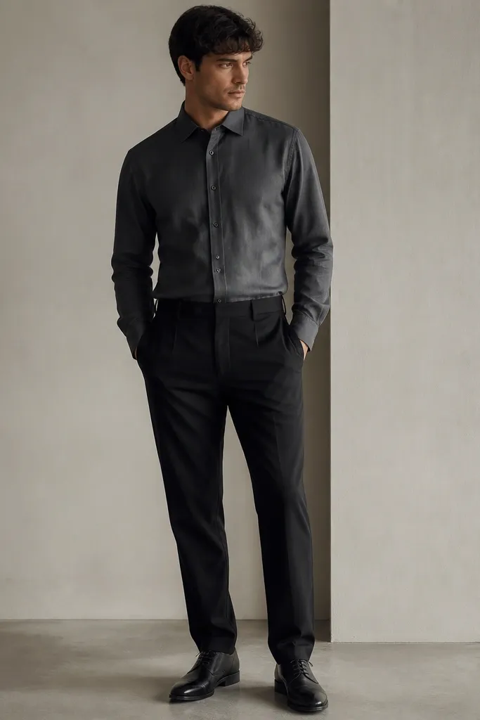 A charcoal gray linen shirt with a smooth front and subtle sheen, paired with black trousers. The collar is neatly closed at the top button, and black leather lace-up shoes are visible.