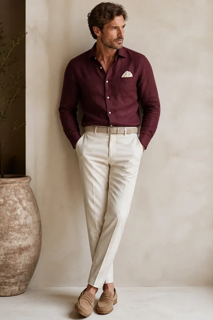 A maroon linen button-down worn with sleeves down, paired with ecru chinos. The photo includes a beige belt, a light pocket square, and tan suede loafers.