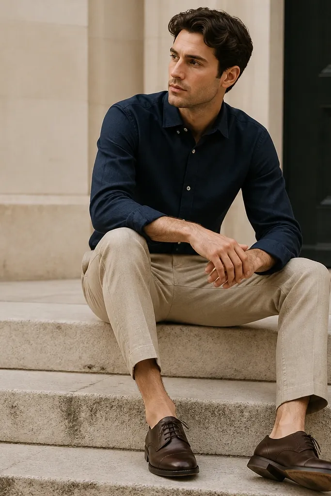 A navy linen shirt worn with a matching-toned light tan trouser set, photographed on steps. The shirt is buttoned with the collar lying flat, and the shoes are dark brown derbies.