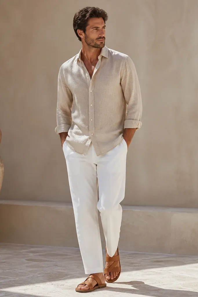 A sand-colored linen shirt worn with the top button open and the sleeves rolled once. It's paired with crisp white trousers and tan leather sandals.