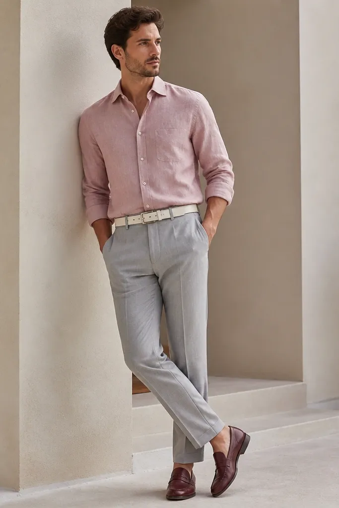 A dusty pink linen shirt with a subtle collar and neatly pressed front, paired with light gray trousers. The photo shows a cream belt and burgundy loafers.