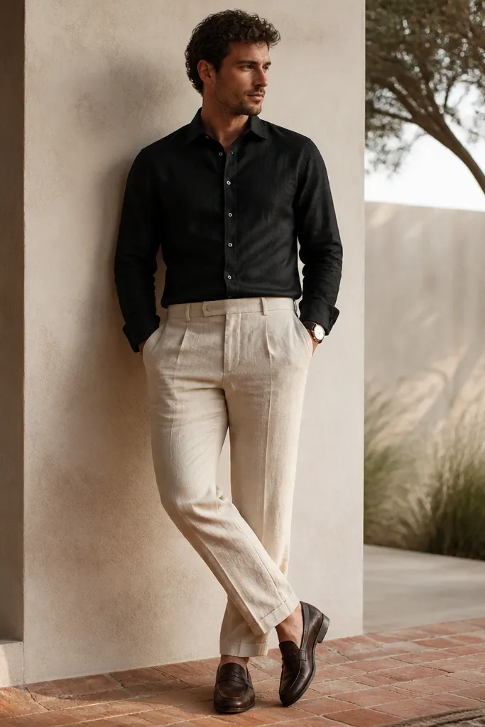 A black linen shirt buttoned cleanly with sleeves down, paired with sand linen trousers. The image shows a minimalist watch and dark leather loafers.
