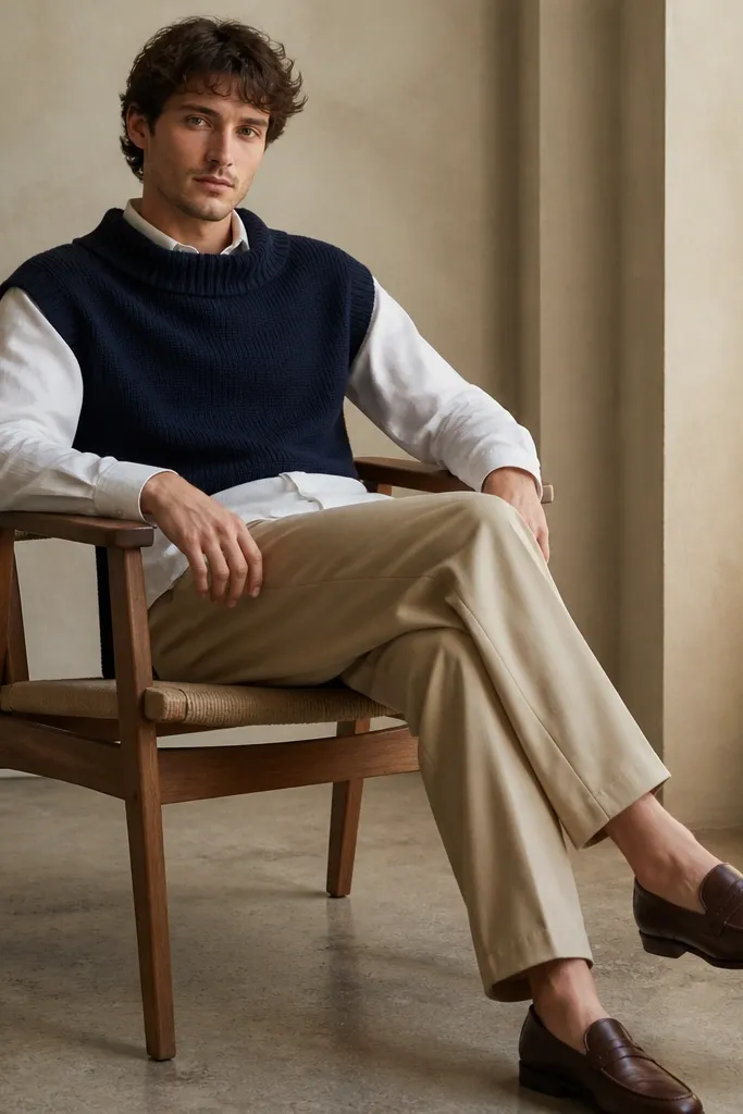 A white linen shirt layered under a navy knit collar piece, with the shirt collar visible. The pants are beige and the shoes are brown loafers.