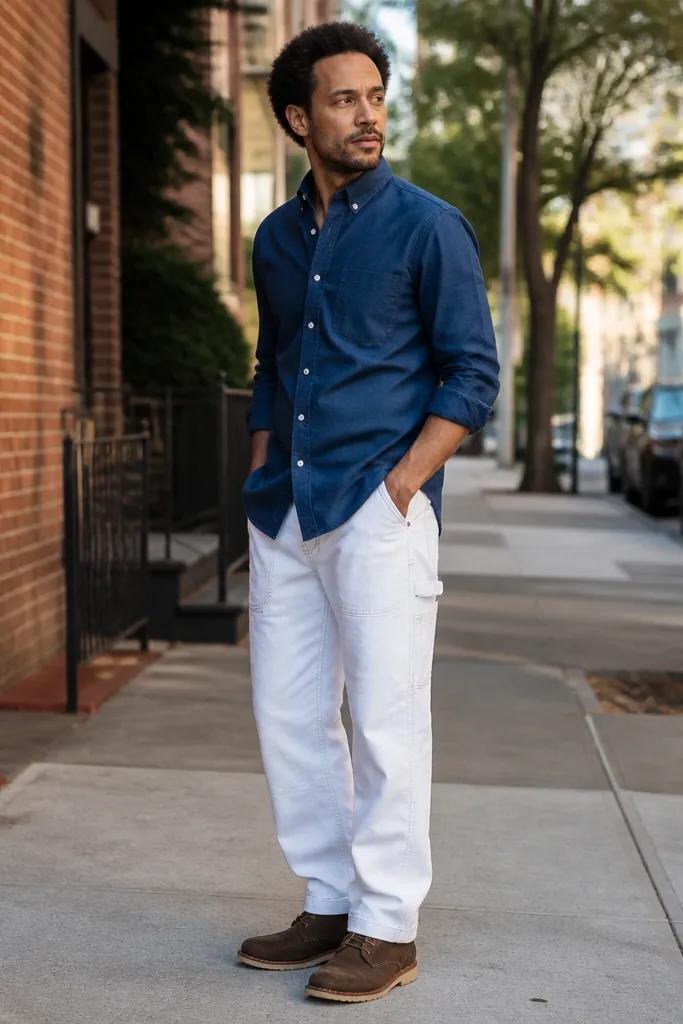 Indigo oxford shirt with white carpenter pants and brown suede chukkas