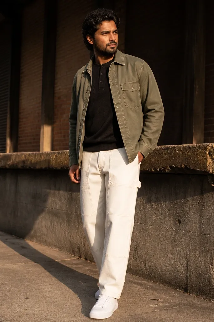 Black henley and olive overshirt over white carpenter pants with black boots