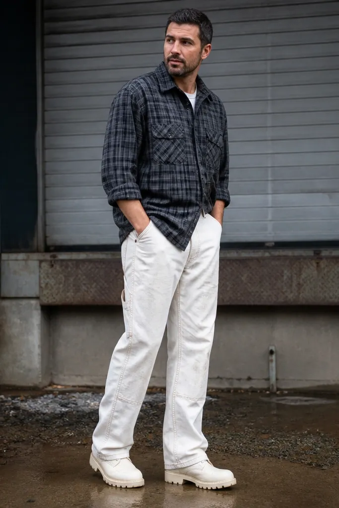 Charcoal plaid flannel over white carpenter pants with off-white boots