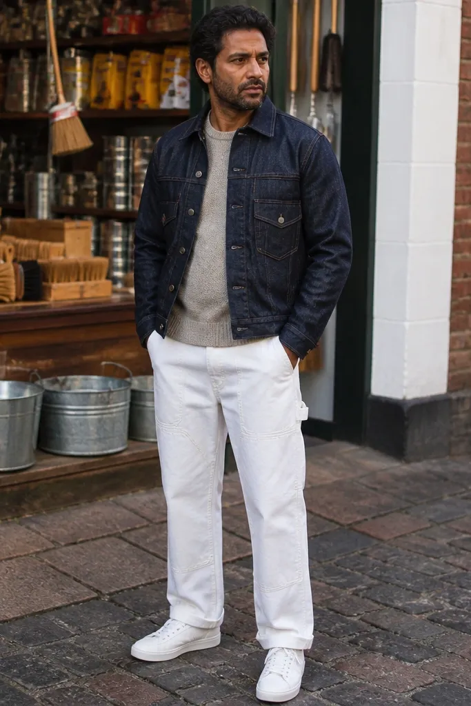 Navy denim jacket and white carpenter pants with clean white sneakers