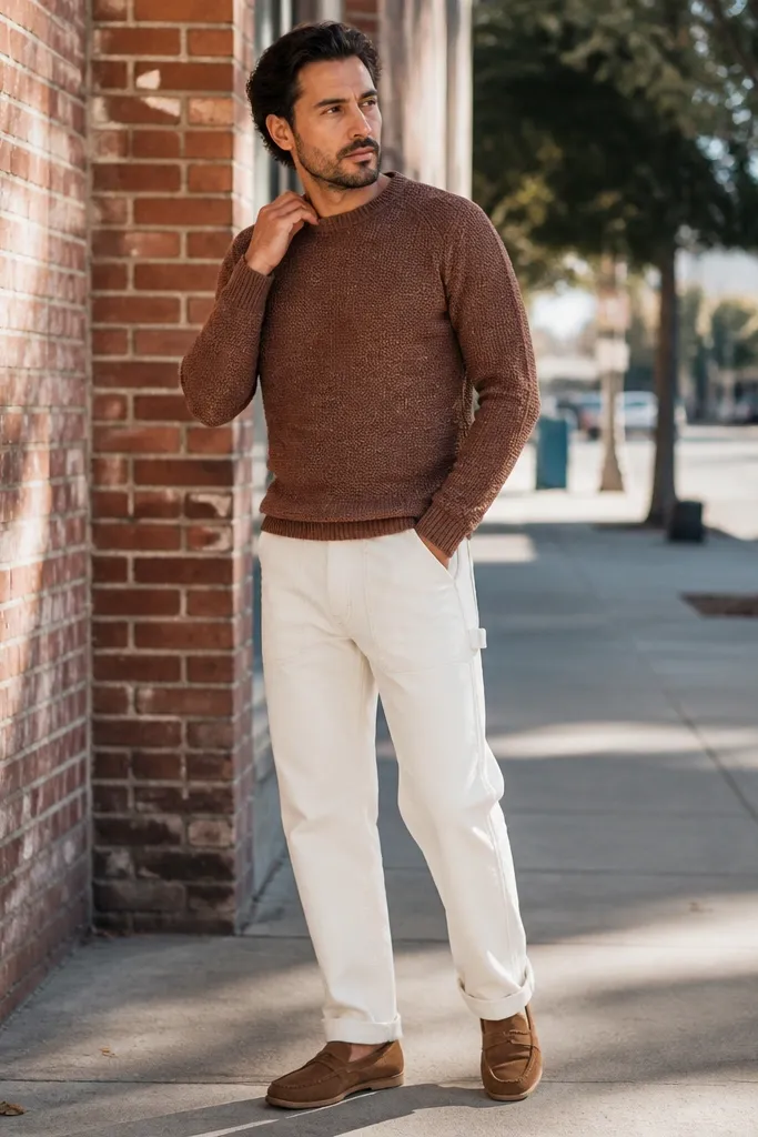 Brown knit sweater with white carpenter pants and tan suede loafers