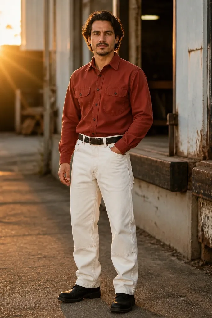 Brick red work shirt with white carpenter pants, black belt, and dark boots