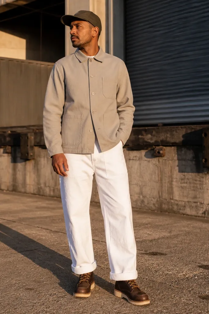 Stone chore jacket over white carpenter pants with dark olive cap and boots