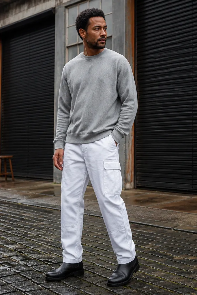 Gray crewneck sweater with white carpenter pants and black Chelsea boots
