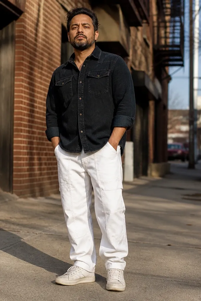 Black denim shirt with white carpenter pants and sneakers with white soles
