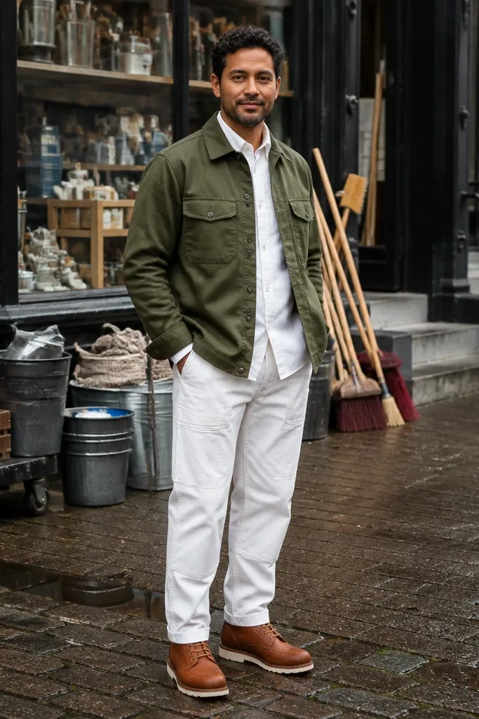 Olive military-style overshirt with white carpenter pants and tan leather boots