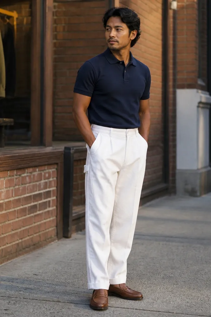 Navy polo shirt with white carpenter pants and brown leather loafers