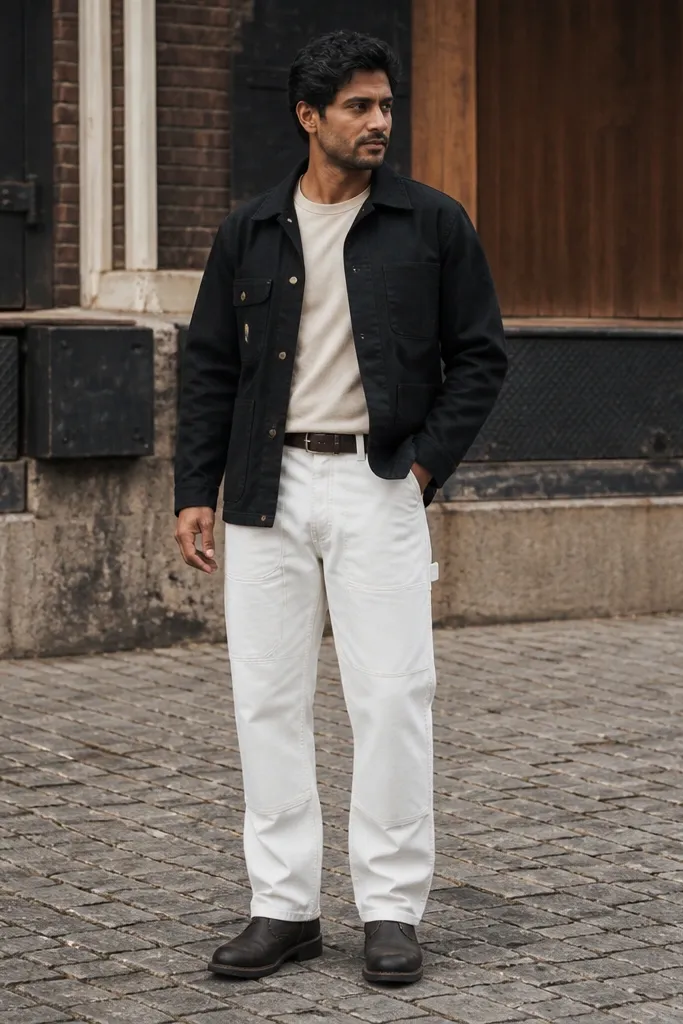Sand t-shirt with black work jacket over white carpenter pants and black boots