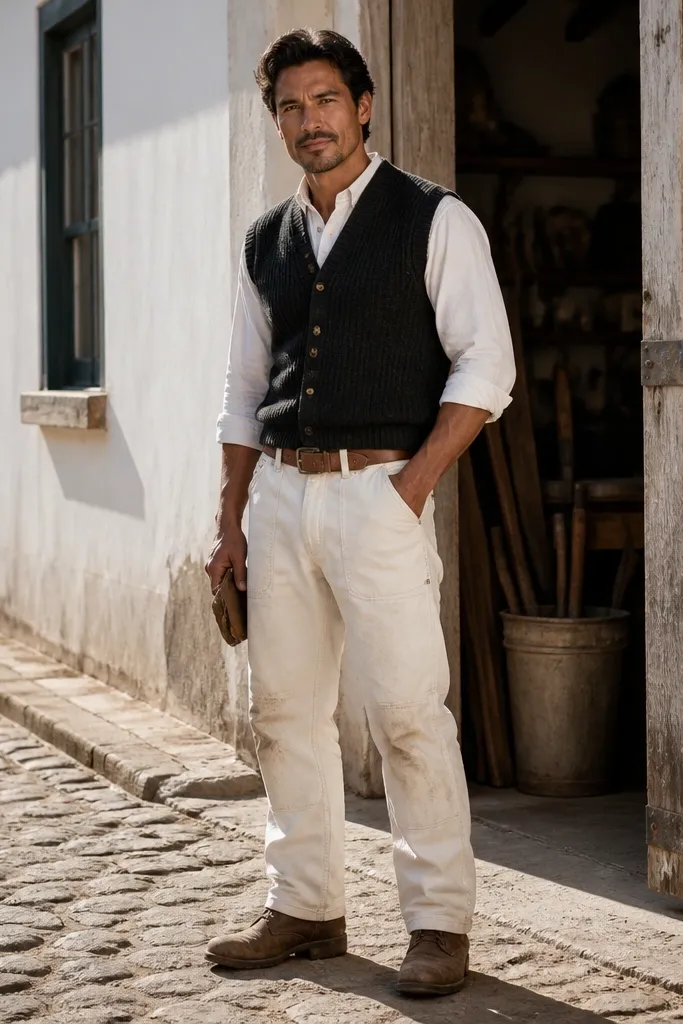 Charcoal sweater vest over white shirt with white carpenter pants and dark boots