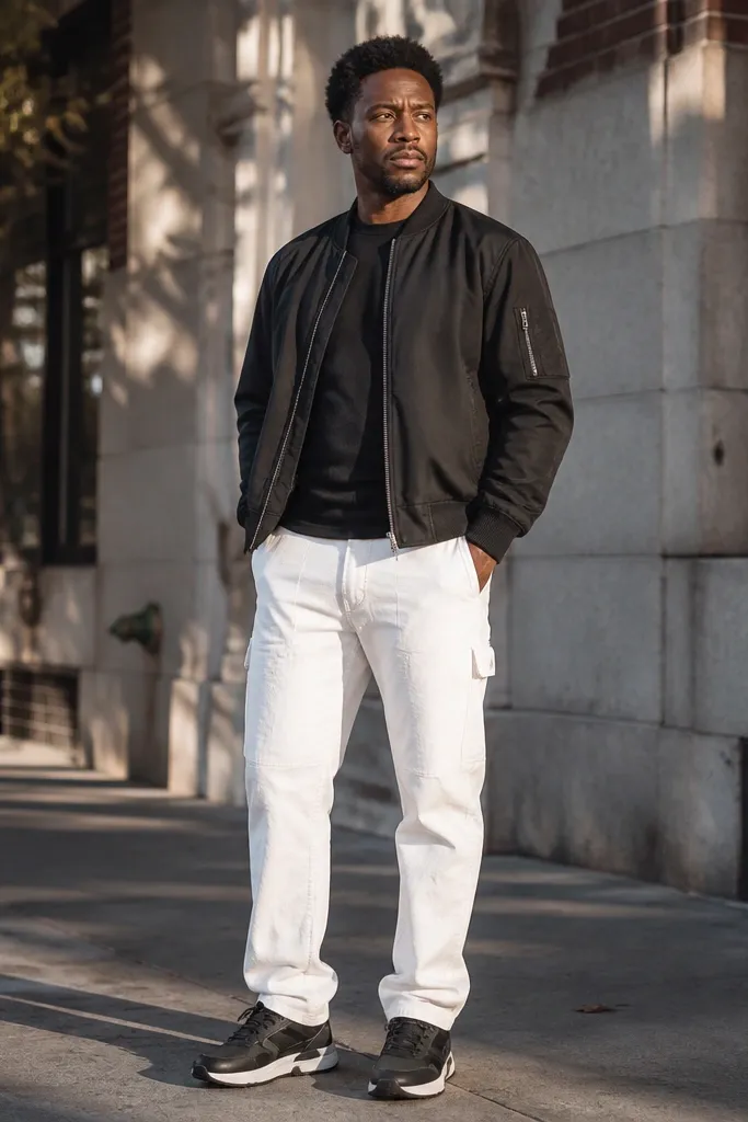 Black bomber jacket with white carpenter pants and chunky trainers