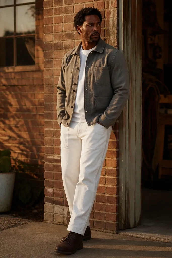 Gray work jacket over white tee with white carpenter pants and dark brown boots