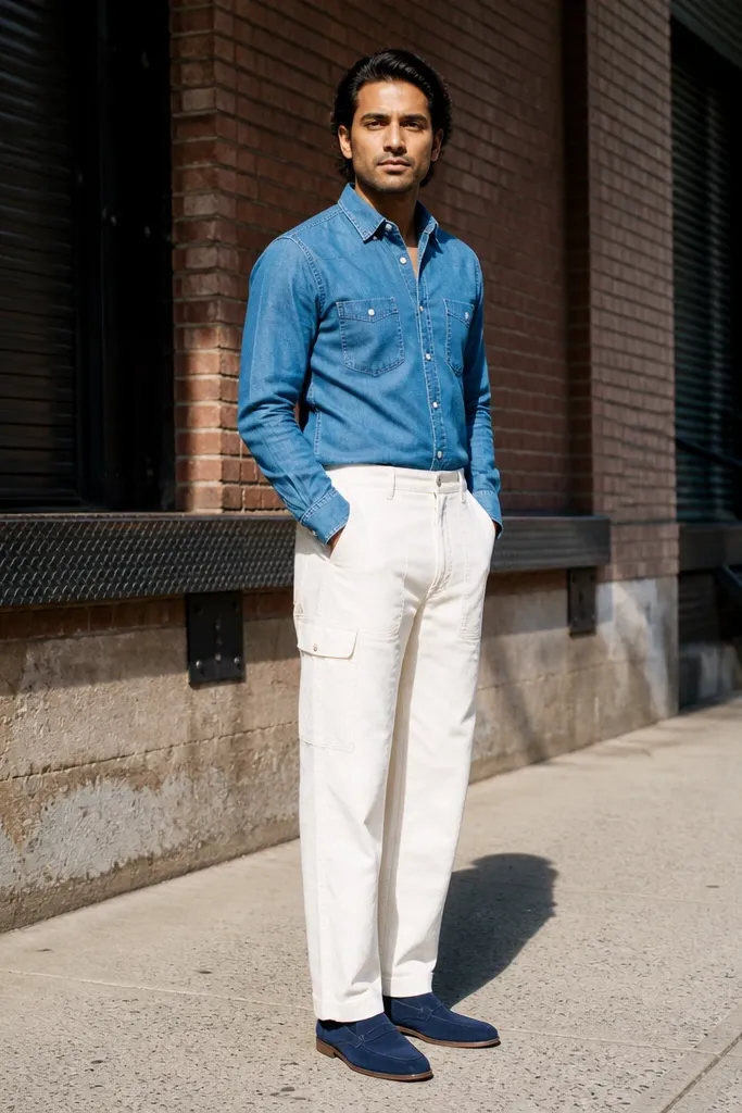 Light blue denim shirt with white carpenter pants and navy loafers